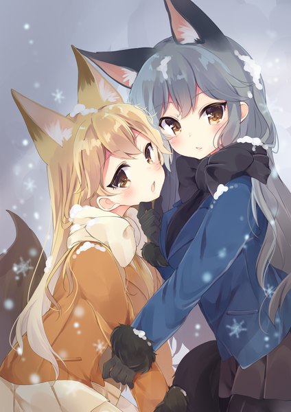 Anime picture 1000x1414 with kemono friends ezo red fox (kemono friends) silver fox (kemono friends) momoirone long hair tall image looking at viewer blush fringe open mouth simple background blonde hair hair between eyes multiple girls brown eyes animal ears tail animal tail pleated skirt grey hair