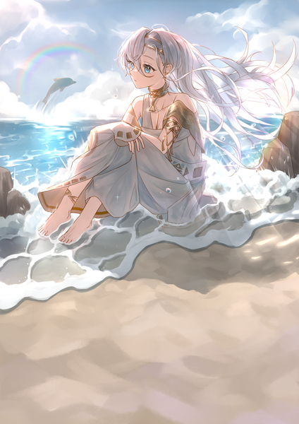 Anime picture 2894x4093 with reverse:1999 37 (reverse:1999) xiamianhaiya single long hair tall image fringe highres blue eyes hair between eyes sitting looking away sky silver hair cloud (clouds) full body barefoot wind beach partially submerged
