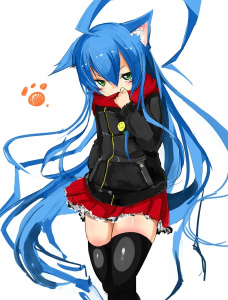 Anime picture 800x1053 with original coup (shun soku) shun soku single tall image looking at viewer fringe simple background white background green eyes animal ears blue hair ahoge very long hair pleated skirt leaning zettai ryouiki fox ears fox girl covering