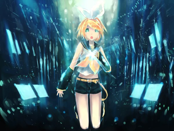 Anime picture 1200x900 with vocaloid kokoro (vocaloid) kagamine rin isou nagi blue eyes blonde hair girl ribbon (ribbons) shorts tagme