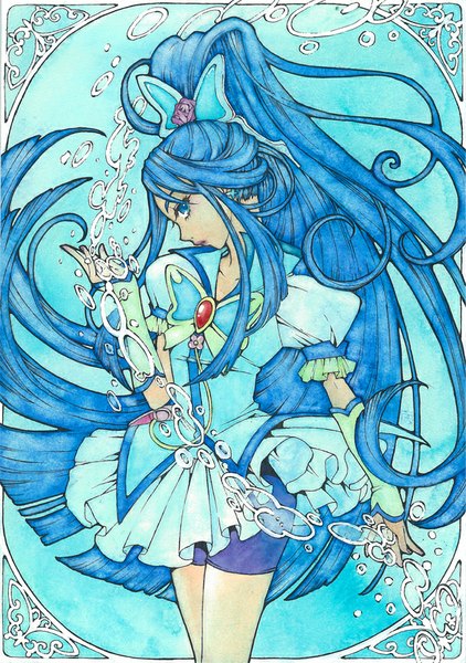 Anime picture 646x918 with precure yes! precure 5 yes! precure 5 gogo! toei animation minazuki karen cure aqua sayococco single tall image looking at viewer blue eyes blue hair ponytail very long hair profile puffy sleeves blue background framed magical girl traditional media