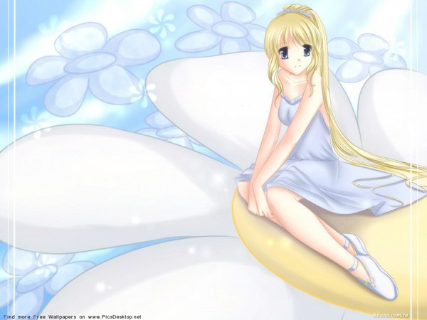 Anime picture 1152x864 with blue eyes blonde hair smile bare shoulders very long hair girl dress flower (flowers)