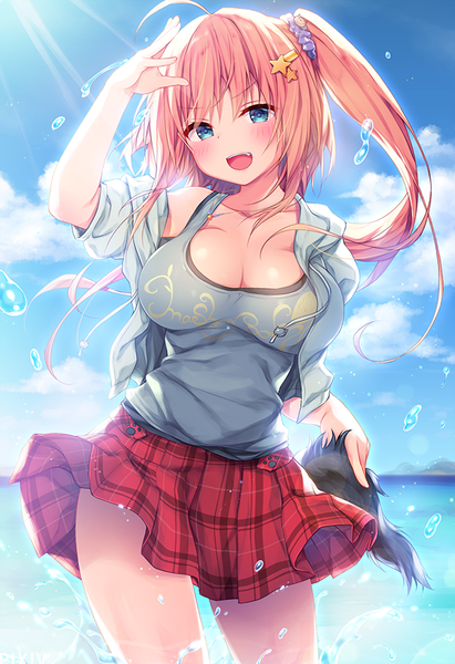 Anime picture 650x948 with original konomi (kino konomi) single long hair tall image looking at viewer fringe breasts open mouth blue eyes light erotic large breasts holding sky cloud (clouds) ahoge outdoors red hair pleated skirt sunlight