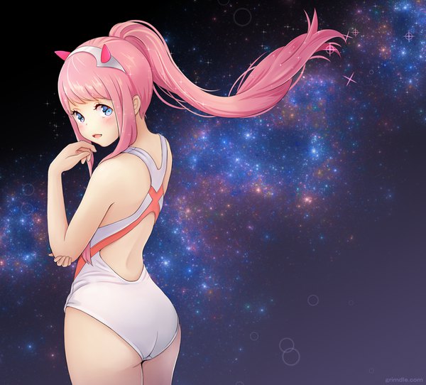 Anime picture 1000x904 with darling in the franxx studio trigger zero two (darling in the franxx) grimdle single long hair looking at viewer blush open mouth blue eyes light erotic standing bare shoulders signed payot pink hair ass ponytail head tilt looking back