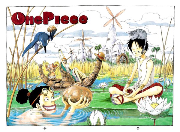 Anime picture 1634x1200 with one piece toei animation nami (one piece) monkey d. luffy tony tony chopper usopp oda eiichirou short hair black hair smile sitting holding cloud (clouds) outdoors ponytail eyes closed horn (horns) black eyes orange hair arms up