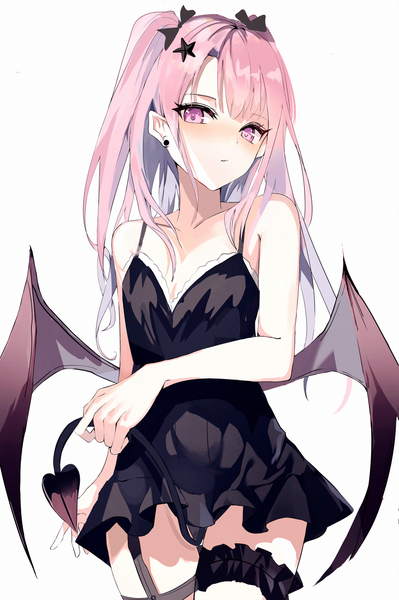 Anime picture 900x1352 with original beckzawachi single long hair tall image looking at viewer blush fringe simple background hair between eyes standing white background bare shoulders holding payot pink hair tail head tilt pink eyes pointy ears