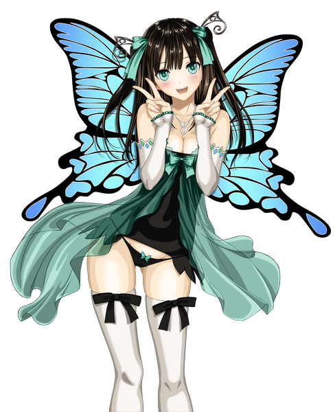 Anime picture 1750x2150 with tony taka long hair tall image blush highres open mouth light erotic black hair green eyes victory transparent background vector insect wings butterfly wings girl thighhighs dress underwear panties ribbon (ribbons)