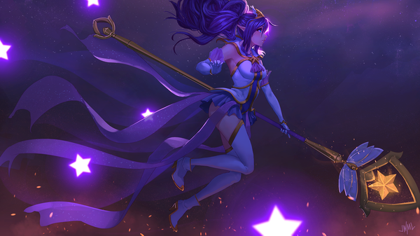 Anime picture 1920x1080 with league of legends janna windforce star guardian janna justin leyva (steamy tomato) single fringe highres blue eyes wide image holding signed looking away purple hair full body bent knee (knees) ponytail profile pointy ears high heels alternate costume