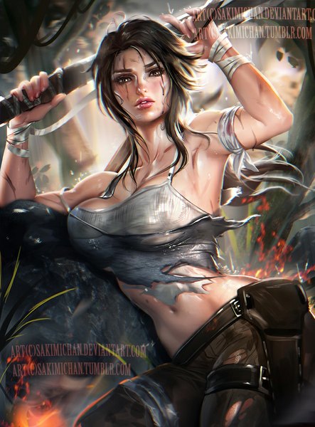 Anime-Bild 665x900 mit tomb raider lara croft sakimichan single long hair tall image looking at viewer breasts light erotic brown hair large breasts bare shoulders signed ahoge ponytail parted lips lips sunlight realistic arms up