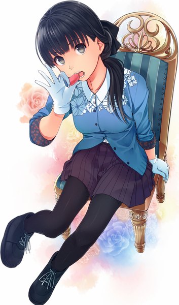 Anime picture 1359x2310 with amagami ayatsuji tsukasa santa (sunflower) single long hair tall image looking at viewer open mouth black hair simple background white background sitting pleated skirt from above grey eyes girl skirt gloves flower (flowers) pantyhose