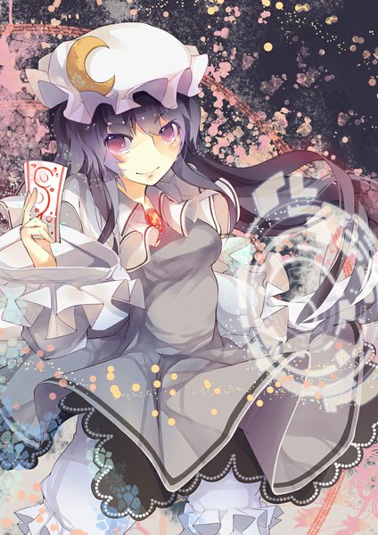 Anime picture 744x1052 with touhou patchouli knowledge rain lan single long hair tall image looking at viewer blush smile purple eyes purple hair crescent girl dress moon bonnet knickers