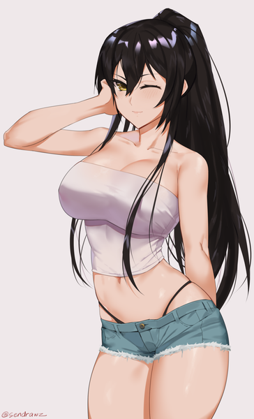 Anime picture 1484x2448 with idolmaster idolmaster shiny colors shirase sakuya sendrawz single long hair tall image looking at viewer blush fringe breasts light erotic black hair simple background hair between eyes large breasts standing bare shoulders signed yellow eyes