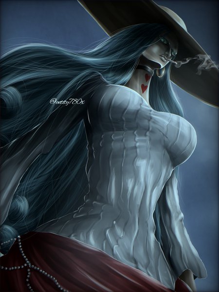 Anime picture 1536x2048 with one piece toei animation charlotte amande tsan3010228 single long hair tall image breasts simple background large breasts standing holding signed looking away aqua eyes aqua hair from below tattoo dutch angle twitter username