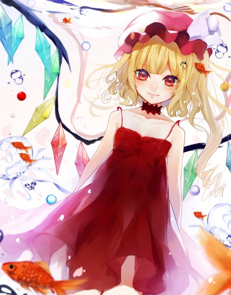 Anime picture 1800x2300 with touhou flandre scarlet renkarua single long hair tall image looking at viewer fringe highres blonde hair smile red eyes bare shoulders blunt bangs side ponytail underwater girl hat animal wings