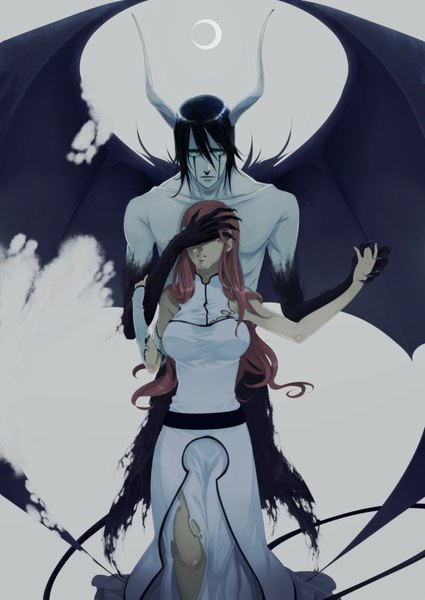 Anime picture 1254x1771 with bleach studio pierrot inoue orihime ulquiorra schiffer rui yuda long hair tall image short hair open mouth black hair bare shoulders green eyes tail horn (horns) orange hair teeth fang (fangs) legs torn clothes muscle