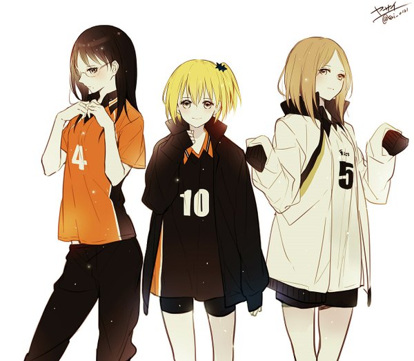 Anime picture 1284x1120 with haikyuu!! production i.g tagme (character) shimizu kiyoko hitoka yachi yasai (getsu) long hair blush short hair black hair simple background blonde hair smile brown hair standing white background multiple girls brown eyes long sleeves light smile