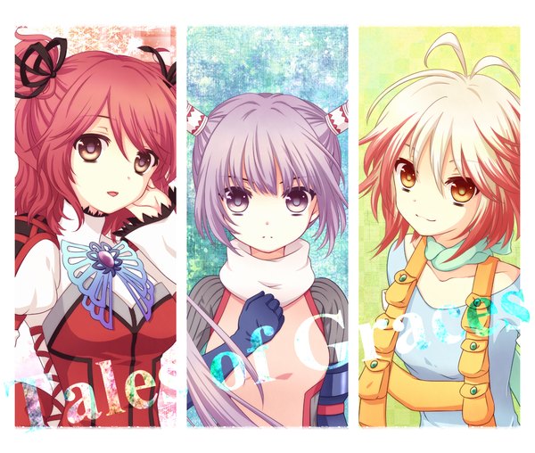 Anime picture 1120x950 with tales of (series) tales of graces sophie (tales) cheria barnes pascal kai aki (artist) long hair looking at viewer open mouth blonde hair smile twintails purple eyes multiple girls brown eyes purple hair ahoge red hair inscription orange eyes
