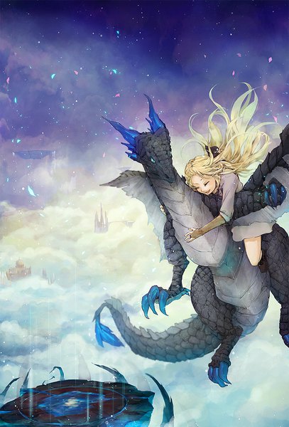 Anime picture 750x1106 with original akemori kiko single long hair tall image blonde hair sky cloud (clouds) eyes closed wind happy flying fantasy girl bridal gauntlets dragon