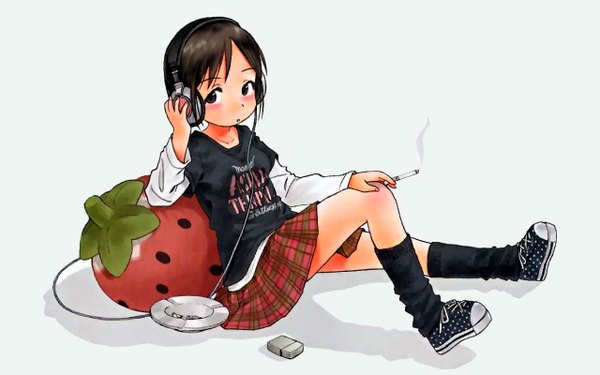 Anime picture 1280x800 with ichigo mashimaro itou nobue single looking at viewer blush short hair black hair simple background wide image sitting brown eyes smoke smoking girl skirt socks food shoes headphones black socks