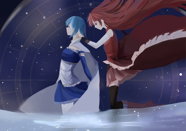 Anime picture 1421x1004 with mahou shoujo madoka magica shaft (studio) sakura kyouko miki sayaka wttwj long hair fringe blue eyes smile red eyes multiple girls blue hair pleated skirt wind tears kneeling looking down looking up expressionless frilly skirt