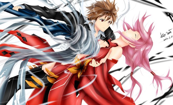 Anime picture 1600x977 with guilty crown production i.g yuzuriha inori ouma shu long hair short hair red eyes brown hair wide image pink hair eyes closed girl thighhighs boy weapon black thighhighs detached sleeves sword bodysuit