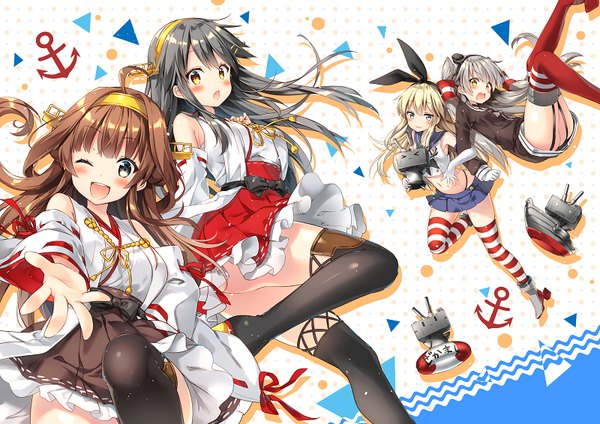 Anime picture 800x566 with kantai collection shimakaze destroyer kongou battleship amatsukaze destroyer haruna battleship riichu long hair looking at viewer blush open mouth blue eyes light erotic blonde hair smile brown hair multiple girls yellow eyes traditional clothes japanese clothes pleated skirt