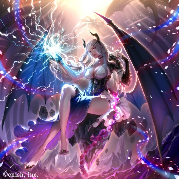 Anime picture 1280x1280 with shingeki no bahamut tayuya1130 single long hair breasts purple eyes cleavage white hair parted lips horn (horns) light smile lips from below legs crossed legs magic demon wings lightning girl flower (flowers)