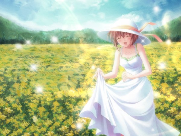 Anime picture 1600x1200 with canvas 2 kikyou kiri nanao naru single blush highres short hair breasts open mouth brown hair standing bare shoulders sky eyes closed sunlight sparkle sleeveless happy nature girl
