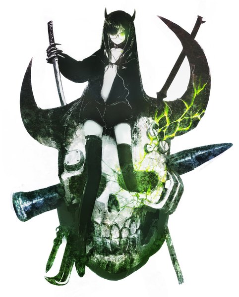 Anime picture 1500x1867 with black rock shooter black devil girl huke long hair tall image black hair simple background white background green eyes horn (horns) pale skin girl thighhighs black thighhighs sword headphones katana bikini top skull claws