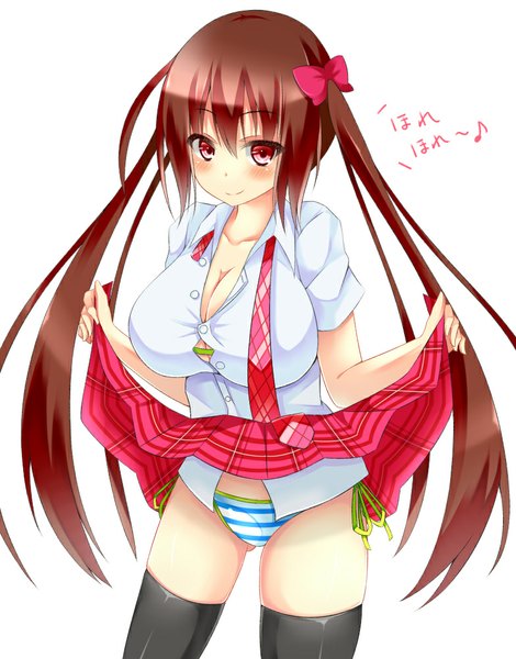 Anime picture 784x1000 with original yahiro (anhnw) single long hair tall image looking at viewer blush breasts light erotic simple background smile red eyes brown hair large breasts white background twintails cleavage girl thighhighs skirt