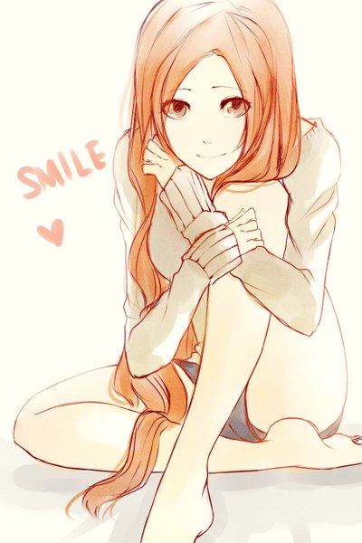 Anime picture 1653x2480 with bleach studio pierrot inoue orihime persona92 (orichie) single long hair tall image breasts simple background smile large breasts white background very long hair barefoot orange hair bare legs orange eyes crossed arms girl shorts