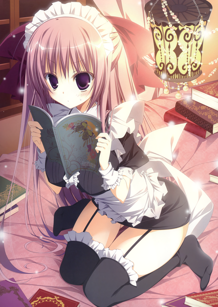 Anime picture 3400x4793 with inugami kira single long hair tall image highres purple eyes absurdres purple hair scan maid girl thighhighs black thighhighs headdress maid headdress book (books) bed