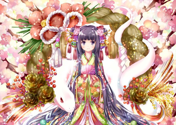 Anime picture 1023x723 with original wataame27 single looking at viewer blush black hair purple eyes very long hair traditional clothes girl hair ornament flower (flowers) food bell jingle bell fan berry (berries) snake