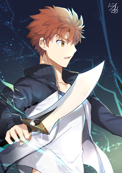 Anime picture 868x1228 with fate (series) fate/stay night fate/stay night unlimited blade works emiya shirou nikame single tall image short hair brown hair brown eyes signed looking away upper body profile open jacket spiked hair yin yang boy weapon jacket