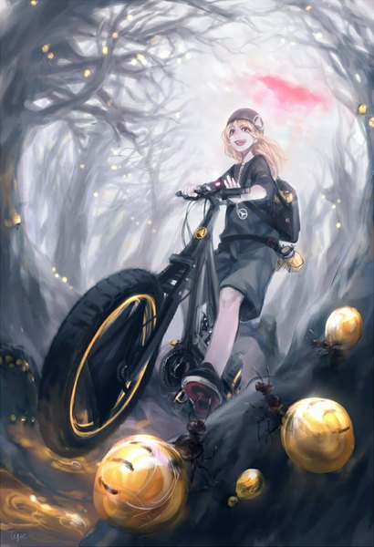 Anime picture 800x1171 with original teyuruun long hair tall image open mouth blonde hair red eyes signed bare tree ant girl plant (plants) tree (trees) shoes pendant ground vehicle cap sneakers backpack bicycle