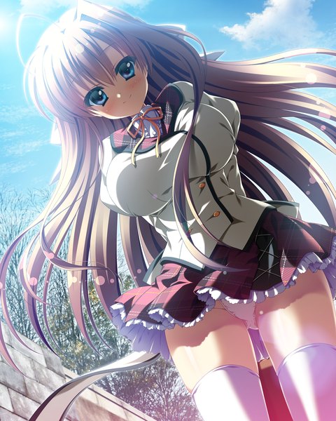 Anime picture 1280x1600 with 12 no tsuki no eve unahara yuki long hair tall image looking at viewer blush blue eyes light erotic blonde hair smile game cg sky cloud (clouds) pantyshot girl thighhighs skirt uniform underwear panties