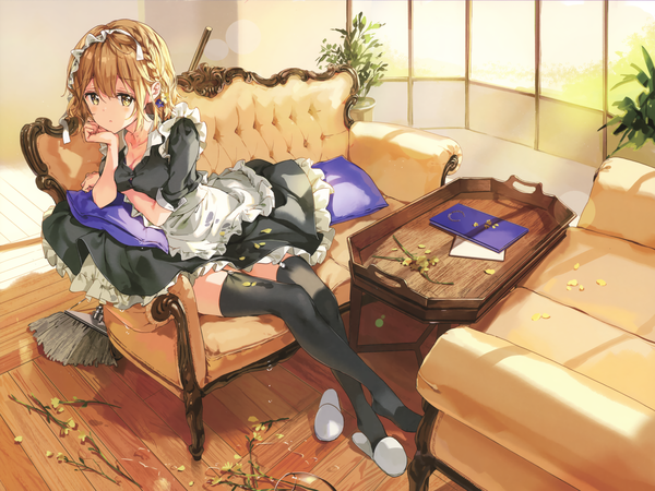 Anime picture 3780x2836 with masamune-kun no revenge silver link koiwai yoshino tiv single looking at viewer blush fringe highres short hair breasts open mouth blonde hair hair between eyes sitting yellow eyes absurdres cleavage full body indoors