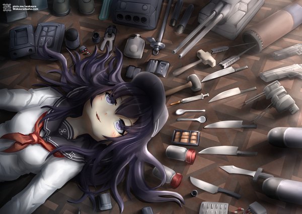 Anime picture 2339x1654 with kantai collection akatsuki destroyer wakaura asaho single long hair blush fringe highres smile hair between eyes purple eyes purple hair upper body lying from above on back girl uniform weapon hat
