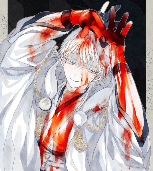 Anime picture 1072x1200 with touken ranbu nitroplus tsurumaru kuninaga abandon ranka single long hair tall image yellow eyes looking away silver hair upper body from above arms up blood on face bloody clothes hands on head boy gloves tongue blood