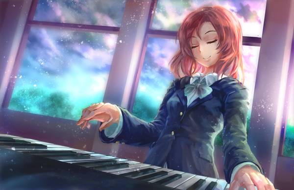 Anime picture 1250x809 with love live! school idol project sunrise (studio) love live! nishikino maki freeze-ex single fringe short hair cloud (clouds) red hair indoors eyes closed playing instrument game girl uniform bow school uniform window musical instrument