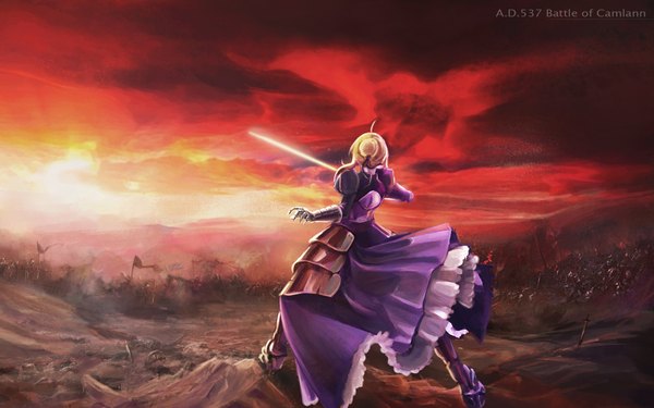 Anime picture 2000x1250 with fate (series) fate/stay night fate/zero studio deen type-moon artoria pendragon (all) saber ushas single highres blonde hair wide image sky back evening sunset dark background weightlessness army girl