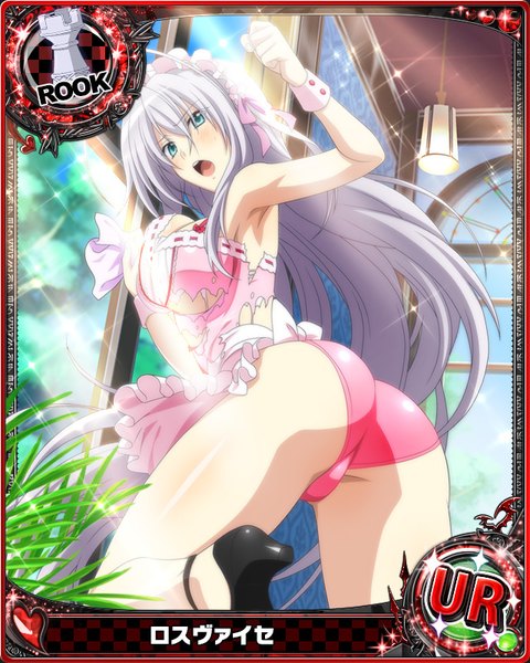 Anime picture 640x800 with highschool dxd rossweisse single long hair tall image blush breasts open mouth blue eyes light erotic white hair maid torn clothes card (medium) girl dress gloves uniform underwear panties