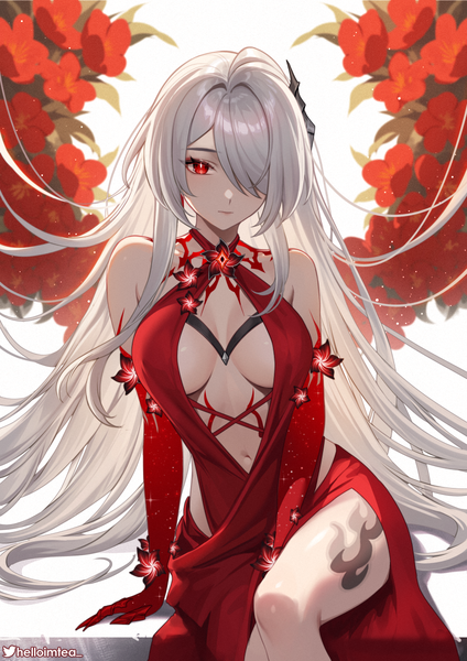 Anime picture 848x1200 with honkai: star rail honkai (series) acheron (honkai: star rail) helloimtea single tall image looking at viewer fringe breasts light erotic red eyes large breasts sitting cleavage silver hair very long hair hair over one eye tattoo sleeveless side slit