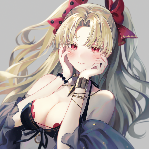 Anime picture 1143x1143 with fate (series) fate/grand order ereshkigal (fate) tobi (pixiv41237754) single long hair looking at viewer blush fringe breasts light erotic simple background blonde hair red eyes large breasts cleavage upper body grey background two side up embarrassed