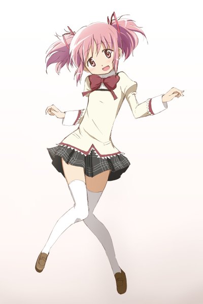 Anime picture 1000x1500 with mahou shoujo madoka magica shaft (studio) kaname madoka kinfuji single tall image looking at viewer fringe short hair open mouth simple background twintails payot pink hair :d pink eyes zettai ryouiki gradient background short twintails girl