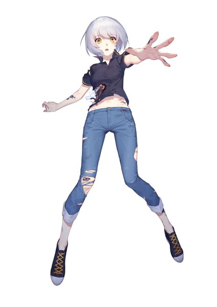 Anime picture 1824x2580 with original daye bie qia lian single tall image highres short hair simple background white background yellow eyes white hair tattoo torn clothes outstretched arm girl pants jeans blue jeans android torn jeans
