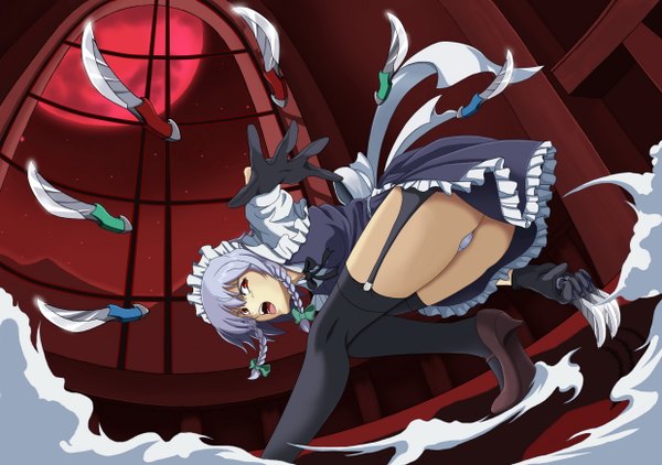 Anime picture 2480x1748 with touhou izayoi sakuya zqhzx (artist) highres open mouth light erotic red eyes silver hair ass maid pantyshot red moon girl thighhighs underwear panties black thighhighs knife