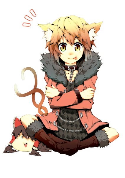 Anime picture 1060x1500 with touhou hakurei reimu chen zen33n koumajo densetsu tall image short hair simple background smile white background sitting animal ears yellow eyes multicolored hair cat ears cat tail crossed arms multiple tails girl tongue
