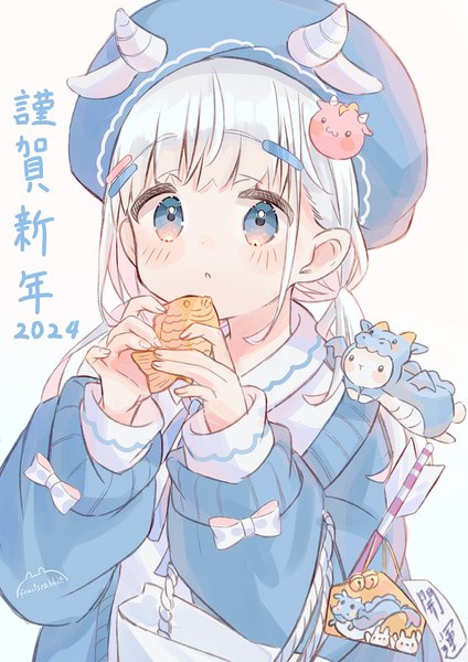 Anime picture 1000x1415 with original fruitsrabbit single long hair tall image looking at viewer blush fringe open mouth blue eyes simple background white background white hair blunt bangs new year fantasy nengajou 2024 girl food