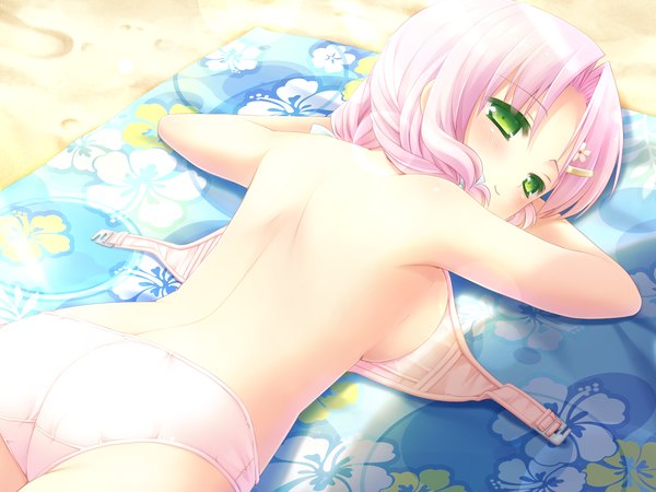 Anime picture 1600x1200 with cafe sourire cuffs (studio) mizushima kasumi blush short hair light erotic green eyes pink hair game cg underwear only girl underwear panties